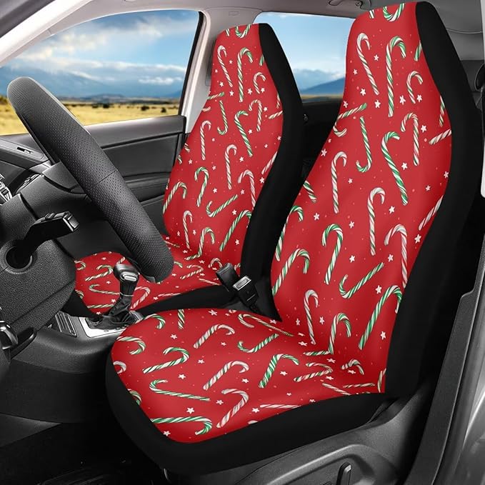 Dreaweet Candy Cane Print Car Seat Covers Front Seats Only 2 Piece Christmas Car Accessories Red Washable Universal Bucket Seat Covers for Cars SUV Sedan Easy to Install