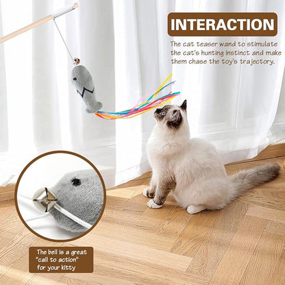 Fashion&cool Cat Wand Toy, 3pcs 16 Inch Natural Wooden Teaser With 5 Pcs Silvervine Sticks, Interactive Elastic String Stick Pole for Indoor Cats