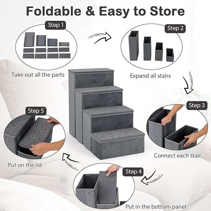 Giantex Dog Stairs with Storage - 23" H Folding 4-Step Pet Stairs for Small and Medium Dogs, Non-Slip & Soft Adjustable Dog Steps for High Beds Couch Sofa Window, Gray