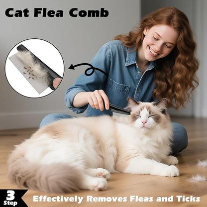 3PCS Cat Grooming Supplies, Cat Brush & Nail Clipper/Trimmer & Flea Comb for Shedding Indoor Cats Essentials Stuff Accessories (Black Grey)