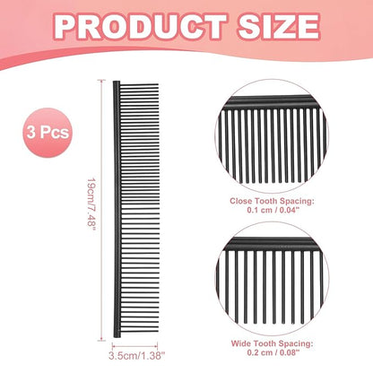 Dog Cat Comb, Pet Combs Stainless Steel Teeth with Rounded Ends for Knots Mats Loose Hair Removal, 7.5IN (Black Coated, 3 Pack), Grooming Tool Intended for Long Curly Hair Pet