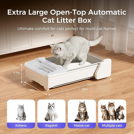 Open-Top Self Cleaning Litter Box, 2026 Upgraded Extra Large Automatic Cat Litter Box for Multiple Cats, Safety Sensors/App Control/Odor Control/Easy Clean - Includes 5 lbs Premium Cat Litter