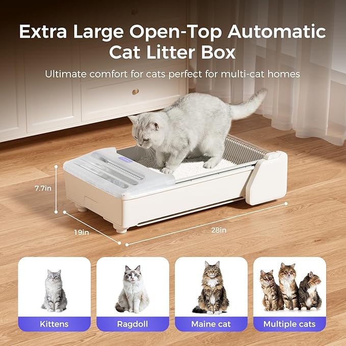 Self Cleaning Litter Box, 2026 Upgraded Open-Top Automatic Cat Litter Box for Multiple Cats, Weight Sensors Safety Protection/App Control/Odor Control/Easy Clean (White)