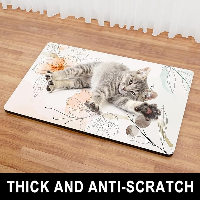 Dog Food Mat, 12" x 19" Absorbent Dog Cat Bowl Mat for Food and Water, Cute Anti-Slip Rubber Pet Feeding Rug Protect Floors, Placemat for Feeding & Watering Supplies, Watercolor Flowers