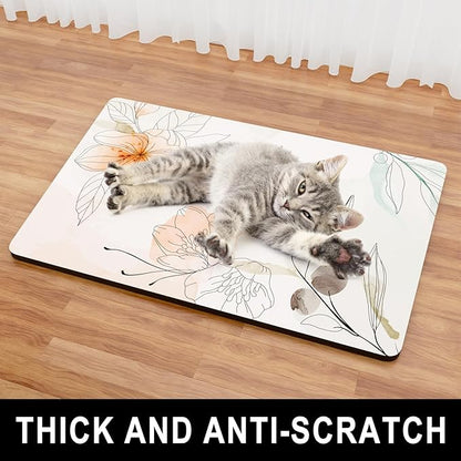 Dog Food Mat, 12" x 19" Absorbent Dog Cat Bowl Mat for Food and Water, Cute Anti-Slip Rubber Pet Feeding Rug Protect Floors, Placemat for Feeding & Watering Supplies, Watercolor Flowers