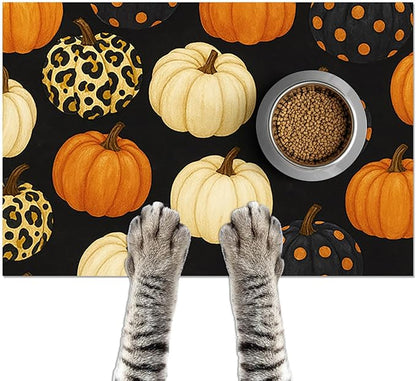 Fall Pumpkin Pet Feeding Mat Thankgiving Theme Dog and Cat Food Mat Non Slip Pet Bowl Mats with Leopard and Polka Dot Pumpkin Design for Autumn Home Kitchen Cat Accessories 24" x 16"