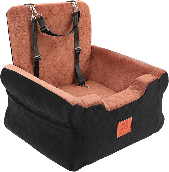 NEEZUKAR Dog Car Seats for Small/Medium Dogs, Elevated Memory Foam Dog Booster Seat, Detachable Washable Pet Car Seat with Safety Belts & Storage Pockets (Black-Brown)
