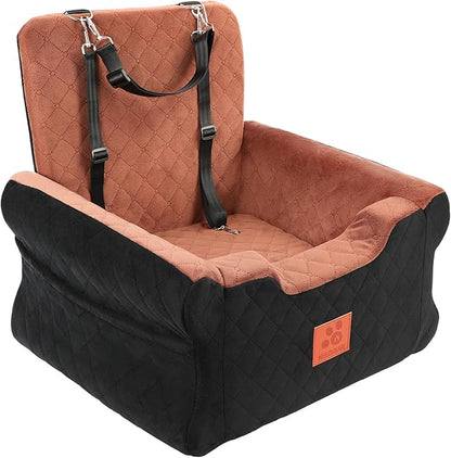 NEEZUKAR Dog Car Seats for Small/Medium Dogs, Elevated Memory Foam Dog Booster Seat, Detachable Washable Pet Car Seat with Safety Belts & Storage Pockets (Black-Brown)