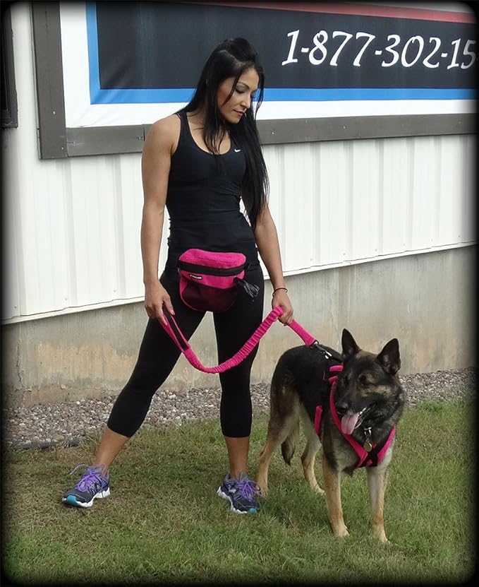 ActiveDogs Dog Handler Bag w/Bungee Leash, Water-Resistant Adjustable Treat Bag + Hands-Free 36"-52" Leash Combo - Pink Fleece