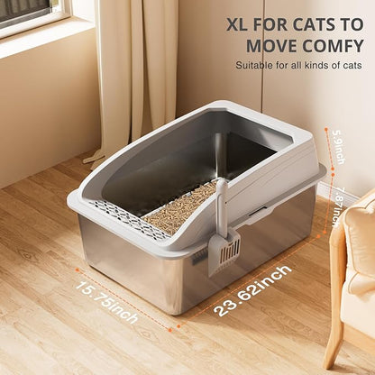 23.6"x15.7"x13.78" Stainless Steel Sifting Litter Box with Lid, XL Sifting Design for Pine Pellets, High Sides Metal Litter Box for Big Cats 7.9in Deep, Easy-to-Clean, Non-Stick