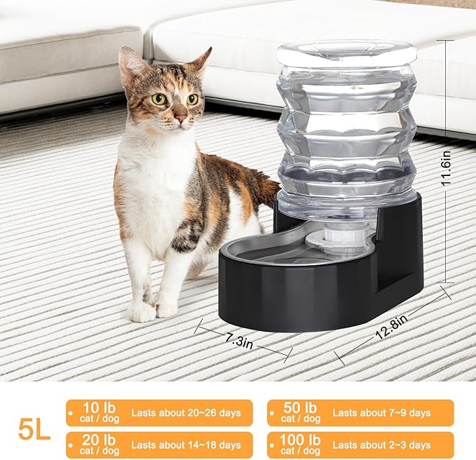RIZZARI Dog Water Bowl Dispenser: 5L Black Stainless Steel Gravity Feeder with Activated Carbon - Soften Water - Remove Odor - Prevent Urinary Stone to Extend Lifespan - for Small Pets - Patio Garden
