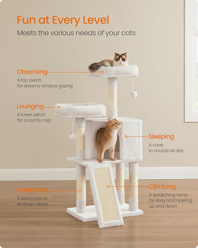 Feandrea Cat Tree, 45.3-Inch Cat Tower, Plush Condo with Scratching Post, Ramp, Perch, Spacious Cave, for Small Space, Cream White UPCT141W02