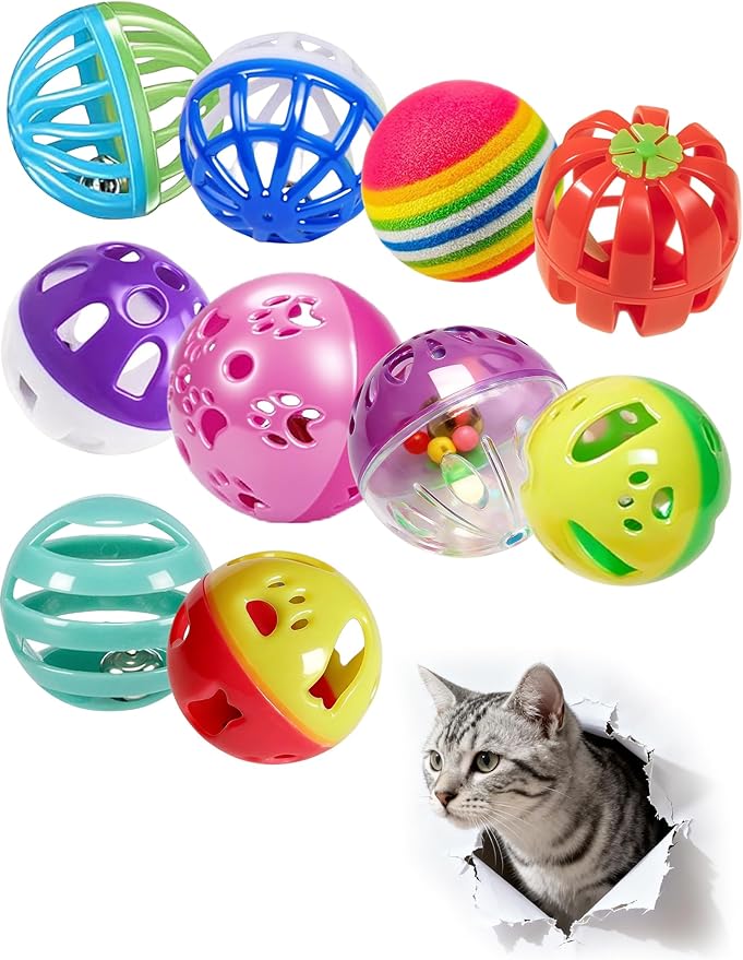 10 Cat Toys Balls for Indoor Kitten, 9 Styles PP Bell Balls with Sound, Safe Durable Chew Toys for Cats Kittens (1.5'' - 2.2'')