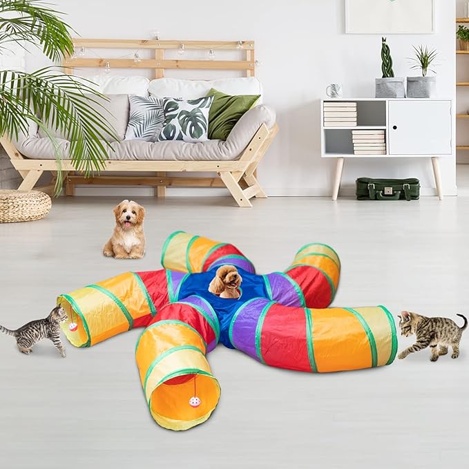 Depets Cat Tunnel and Toy Set, 5-Way Tube with Play Ball and 15 Pcs Interactive Feather Toys for Cats & Kittens