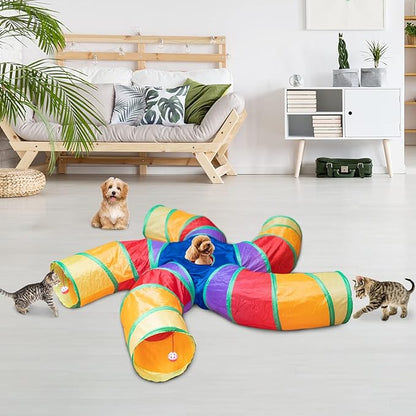 Depets Cat Tunnel and Toy Set, 5-Way Tube with Play Ball and 15 Pcs Interactive Feather Toys for Cats & Kittens