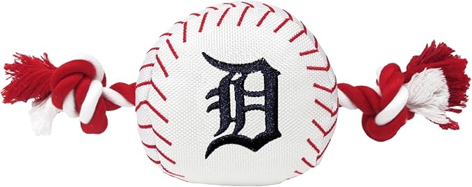 MLB DETROIT TIGERS Baseball Rope Toy for DOGS & CATS. Tough nylon, Sporty Baseball Design, Heavy-duty ropes with Inner SQUEAKER