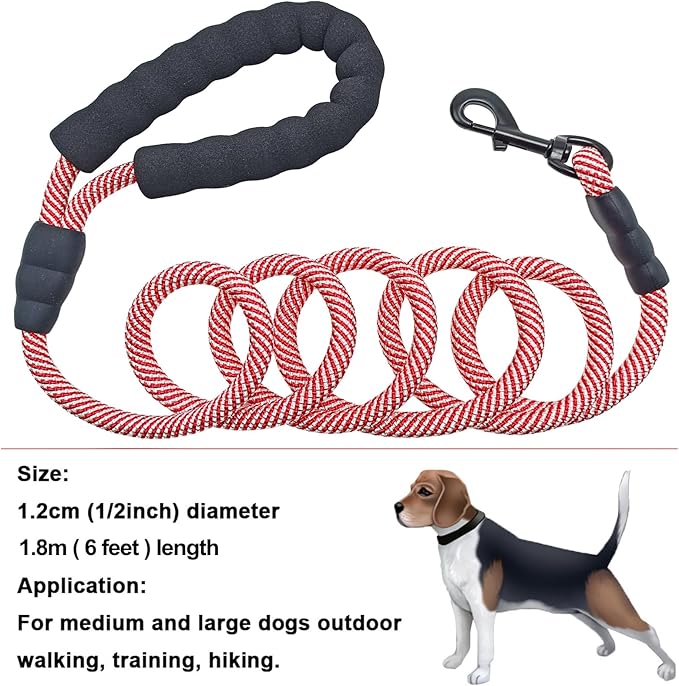 MayPaw Rope Dog Leash 6 FT, Heavy Duty Nylon Pet Leash, Soft Padded Handle Thick Lead Leashes for Large Medium Dogs Walking Training (red, 1/2" * 6')