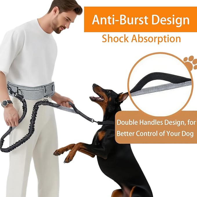 4 in 1 Hands Free Waist Dog Leash, Crossbody Leash with Pouch, Retractable Bungee Shock Absorption, Anti-Burst Design, Reflective, for Medium to Large Dogs (01-Gray)