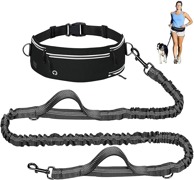 Hands Free Dog Leash with Zipper Pouch, Waist Leash for Dog Walking and Running, Dual Padded Handles, Shock-Absorbing Bungee for Medium to Large Dogs