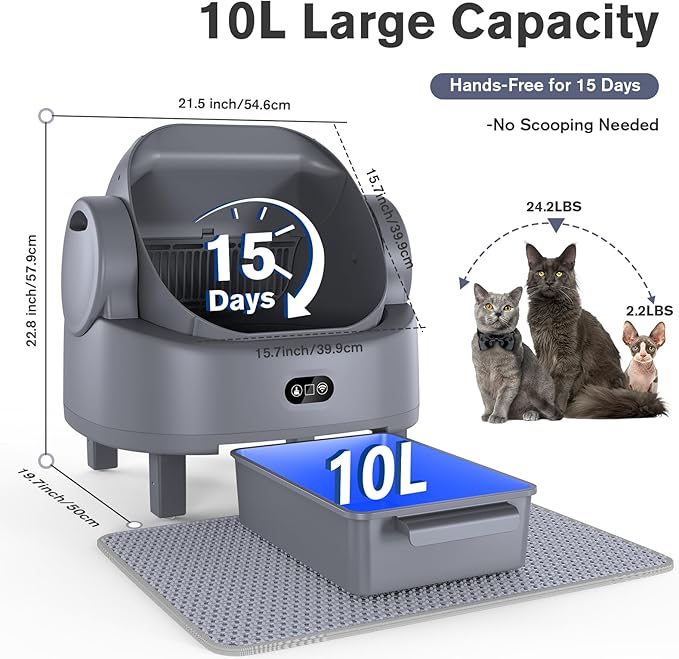 Self Cleaning Cat Litter Box, Open-Top Large Automatic Litter Box for Multiple Cats with Safety Sensors, Includes Liner Bags and Litter Mat Light Grey