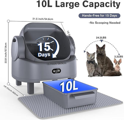 Self Cleaning Cat Litter Box, Open-Top Large Automatic Litter Box for Multiple Cats with Safety Sensors, Includes Liner Bags and Litter Mat Light Grey