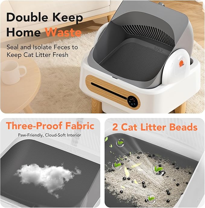 RPZ Automatic Cat Litter Box Self Cleaning, Robot Litter Box for Multiple Large Cats, Open Top Auto App Control Ultra-Quiet, Durable, Keep Home Freshness, Wood Grain