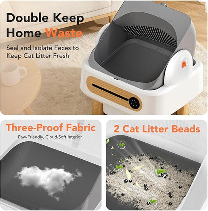 RPZ Automatic Cat Litter Box Self Cleaning, Robot Litter Box for Multiple Large Cats, Open Top Auto App Control Ultra-Quiet, Durable, Keep Home Freshness, Wood Grain