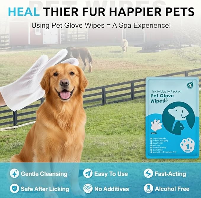 Pet Grooming Glove Wipes for Dogs&Cats, Extra Thick Rinse Free Cleaning Gloves with Aloe&Glycerin, Hypoallergenic Deodorizing Bathing Wipes for Daily Care, Travel, Portable, Unscented, 6pc