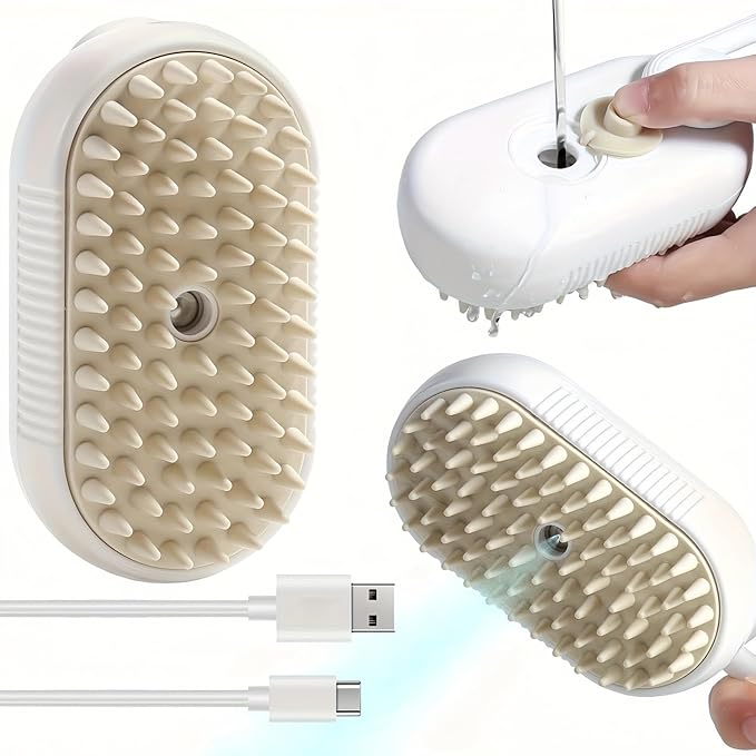 4 in 1 Cat Steam Brush for Shedding, Rechargeable Pet Grooming Brush with Steam Spray, Anti-Static Deshedding & Massage Brush for Indoor Cats and Dogs, Quiet Pet Hair Removal Tool (Brown)
