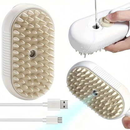 4 in 1 Cat Steam Brush for Shedding, Rechargeable Pet Grooming Brush with Steam Spray, Anti-Static Deshedding & Massage Brush for Indoor Cats and Dogs, Quiet Pet Hair Removal Tool (Brown)
