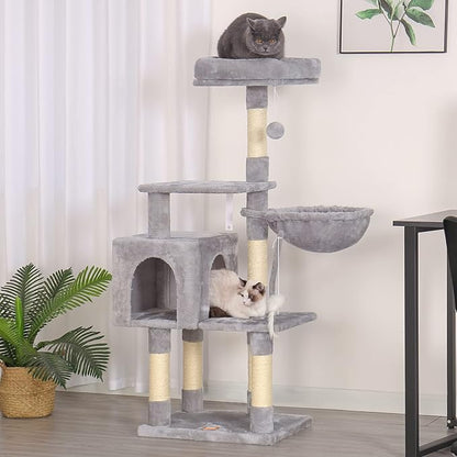 Heybly Cat Tree with Toy, Cat Tower Condo for Indoor Cats, Cat House with Padded Plush Perch, Cozy Hammock and Sisal Scratching Posts, Light Gray HCT004W