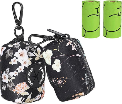 Petmolico Dog Poop Bag Holder Leash Attachment, Waste Bag Dispenser Zippered Pouch - 2 Pack, Fits Any Leash, Includes Free Roll of Bags, Yellow White Blooming