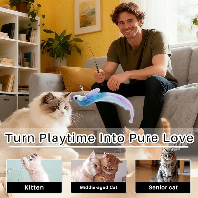 Interactive Cat Toys with Realistic Blue Bird – Natural Feathers, Engaging Toy for Active Cats & Kittens, Perfect for Indoor Play, Strengthens Bonding with Owners, Safe & Durable Feather Cat Toy