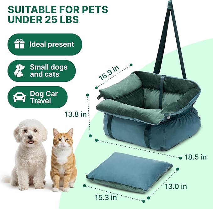 BurgeonNest Dog Car Seat for Small Dogs, Calm Blue Pet Car Bed Under 25 lbs, Soft Booster Fully Detachable and Washable Cat Carseats with Storage Pockets and Clip-On Leash Portable Travel Carrier