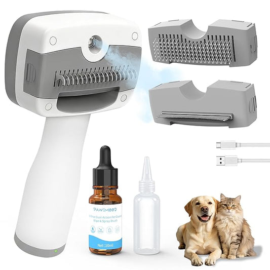 Pet Steam Brush for Dogs & Cats,5-in-1 Self-Cleaning Dog Steam Brush with 3 Swap-in Heads (Grooming, Dematting, Deshedding),Cat Spray Hair Removal Comb,Includes Pet Essence & Storage Bag