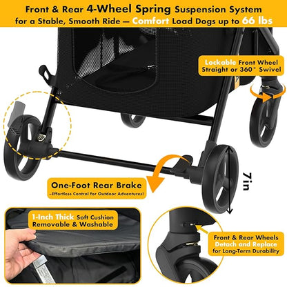 PAWZIDEA Dog Stroller for Large Dogs up to 80 lbs, Lockable No-Zip 180° Reversible Canopy, One-Hand Foldable Pet Stroller for 2 Medium Dogs, All-Terrain Jogger Wheels, Storage Organizer, Chew-Proof