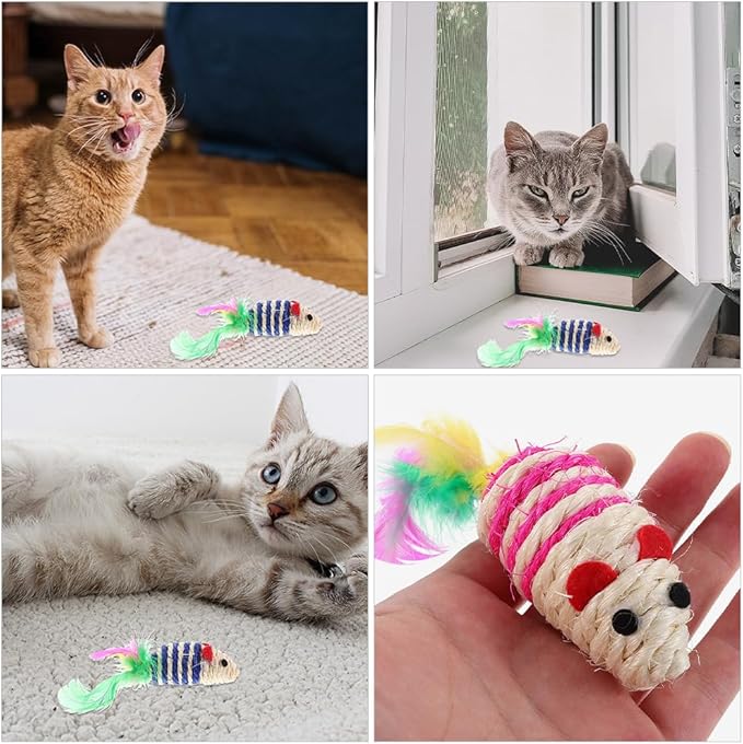 LOGOFUN 6pcs Cat Mouse Toys Sisal Mouse Shaped Toys Sisal Mice Toys with Feather Kitten Teething Toy for Pet Supplies - Pink+Blue