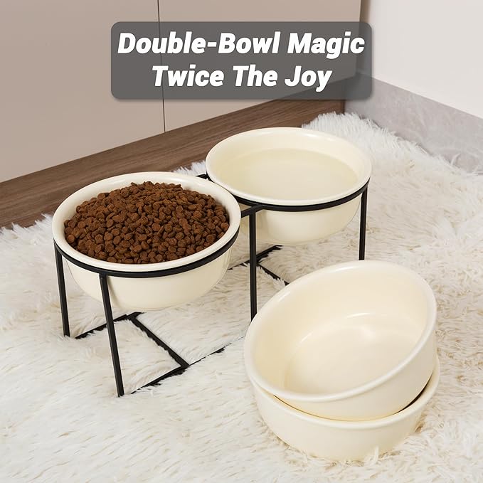 Ceramic Elevated Dog Bowl Set - Raised Food and Water Bowls with Metal Stand - Double Pet Dishes for Small and Medium Dogs - 2 Cups - 27 fl oz - Beige