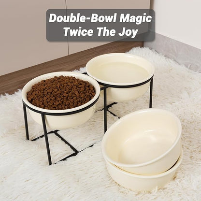 Ceramic Elevated Dog Bowl Set - Raised Food and Water Bowls with Metal Stand - Double Pet Dishes for Small and Medium Dogs - 2 Cups - 27 fl oz - Beige