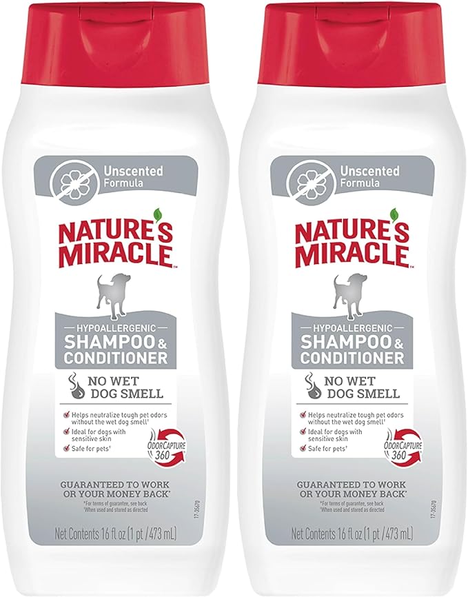 Nature’s Miracle Hypoallergenic Shampoo & Conditioner for Dogs, 16 Oz, Unscented (Pack of 2)