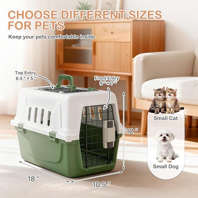 MoNiBloom 18-Inch 2-Door Top Loading Cat Carrier, Plastic Dog Crate Hard-Sided Dog Travel Carrier for Small Dogs and Cats, Ventilation and Security Lock Design for Pets up to 10 lbs (Green)