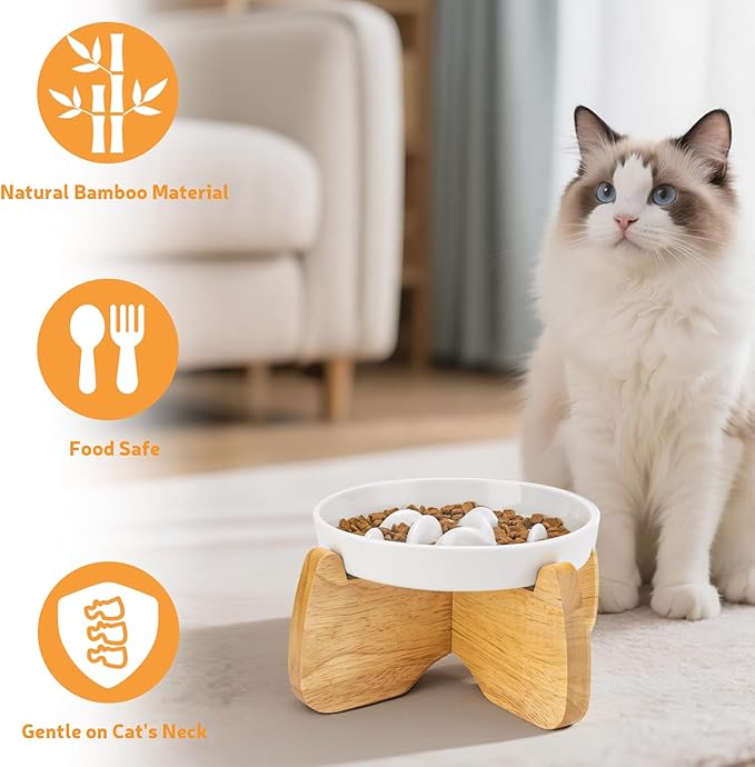 Elevated Cat Bowl Stand, 6.1" Diameter 3.5" High Rubberwood Stand for Cat Dish, Detachable Raised Bowl Holder with Non-Slip Pads, Anti Vomiting, Ergonomic Wooden Pet Feeder Holder for Cats