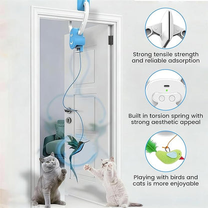 Interactive Cat Toys for Indoor Cats, Automatic Hanging Feather Cat Toy with Realistic Fluttering & Quiet Motor, USB Rechargeable Door Mounted Feather Wand for Bored Kittens & Adult Cats (Blue)