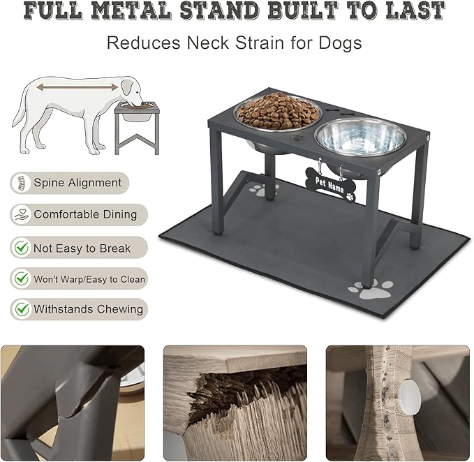 Elevated Dog Bowls, Metal Raised Dog Bowl Stand with 2 Thick 58oz Stainless Steel Food Bowls & Non-Slip Mat - 11.8" Tall for Medium/Large Breeds(Grey)