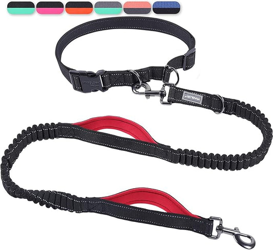 VIVAGLORY Hands Free Dog Leash Bungeetwin Running Dog Leash with Waist Belt for Running Walking & Jogging, Bungee & Around Waist for Pet, M, Black/Red