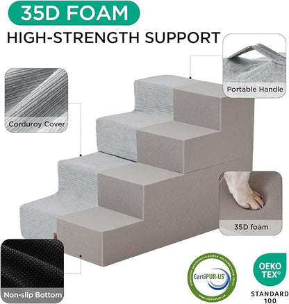Made4Pets Dog Steps for Bed, Extra Wide Dog Stairs for High Bed Couch Sofa, 35D Foam Pet Steps for Small Dogs and Cats(Up to 40lbs), Non-Slip Bottom Pet Stairs, Light Grey, 4 Steps