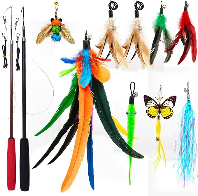 Cat Toys Interactive for Indoor Cats, 2PCS Ultra-Long Teaser(50"+38")+9PCS Da Bird Feather Refills, Fishing Pole Toy,Retractable Cat Wand Toy and Feather Toys Refills Attachment Replacement