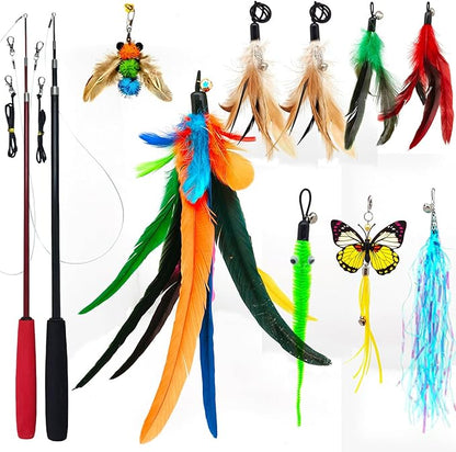 Cat Toys Interactive for Indoor Cats, 2PCS Ultra-Long Teaser(50"+38")+9PCS Da Bird Feather Refills, Fishing Pole Toy,Retractable Cat Wand Toy and Feather Toys Refills Attachment Replacement