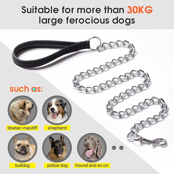 CtopoGo Premium Chain Heavy Duty Dog Leash - Soft Padded Leather Handle Lead - Perfect Basic Leashes Specifically Designed for Over 30KG Large Size Pets Walking (4 ft. x 5.0 mm (60-200 lbs.))