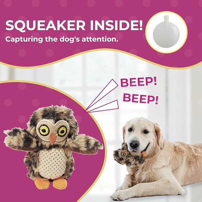 Glow Pups Hide and Seek Dog Toy Squeaky Plush Owl in Tree, Interactive Burrow, Promotes Mental Stimulation, Easy to Clean, Whimsical Green Design (Set of 4, Medium)